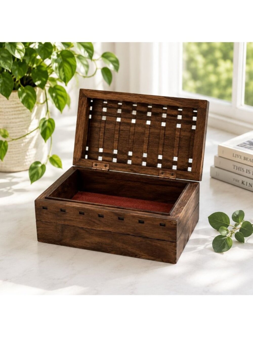 Handcrafted Wooden Jewelry Box With Brass Inlay & Decorative Carvings Vintage St